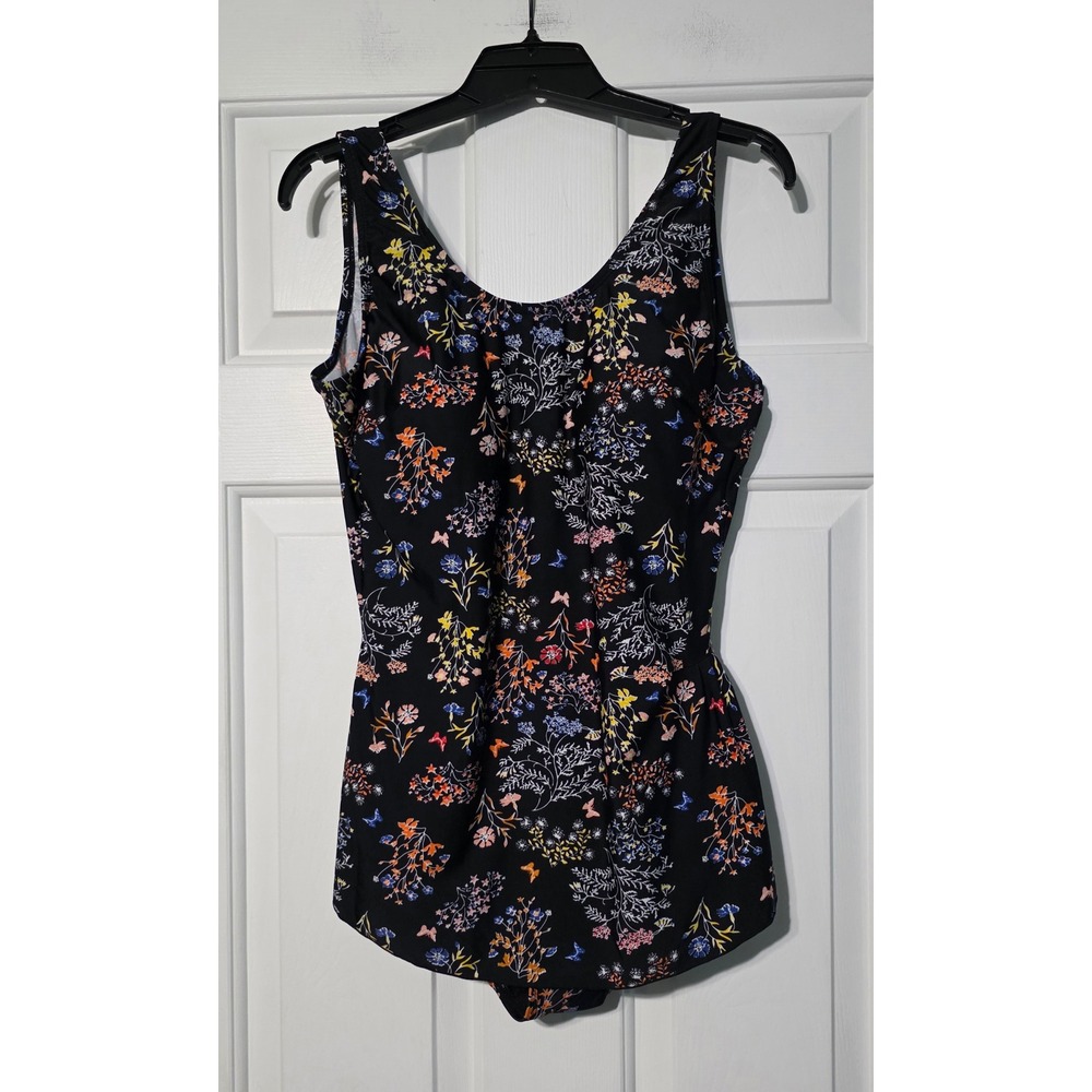 Shore Shapes Swimwear Women 12 Black Floral Butterfly Print Swimdress